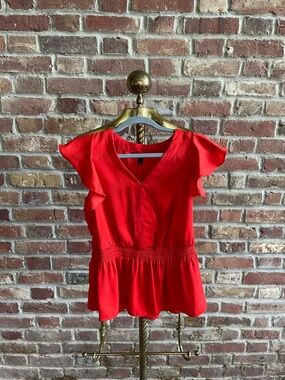 Banana Republic Red V-Neck Peplum Flutter-Sleeve Top